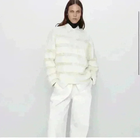 Zara Boho Contrast Lace Pointelle Cream Sweater sz small - Picture 2 of 9